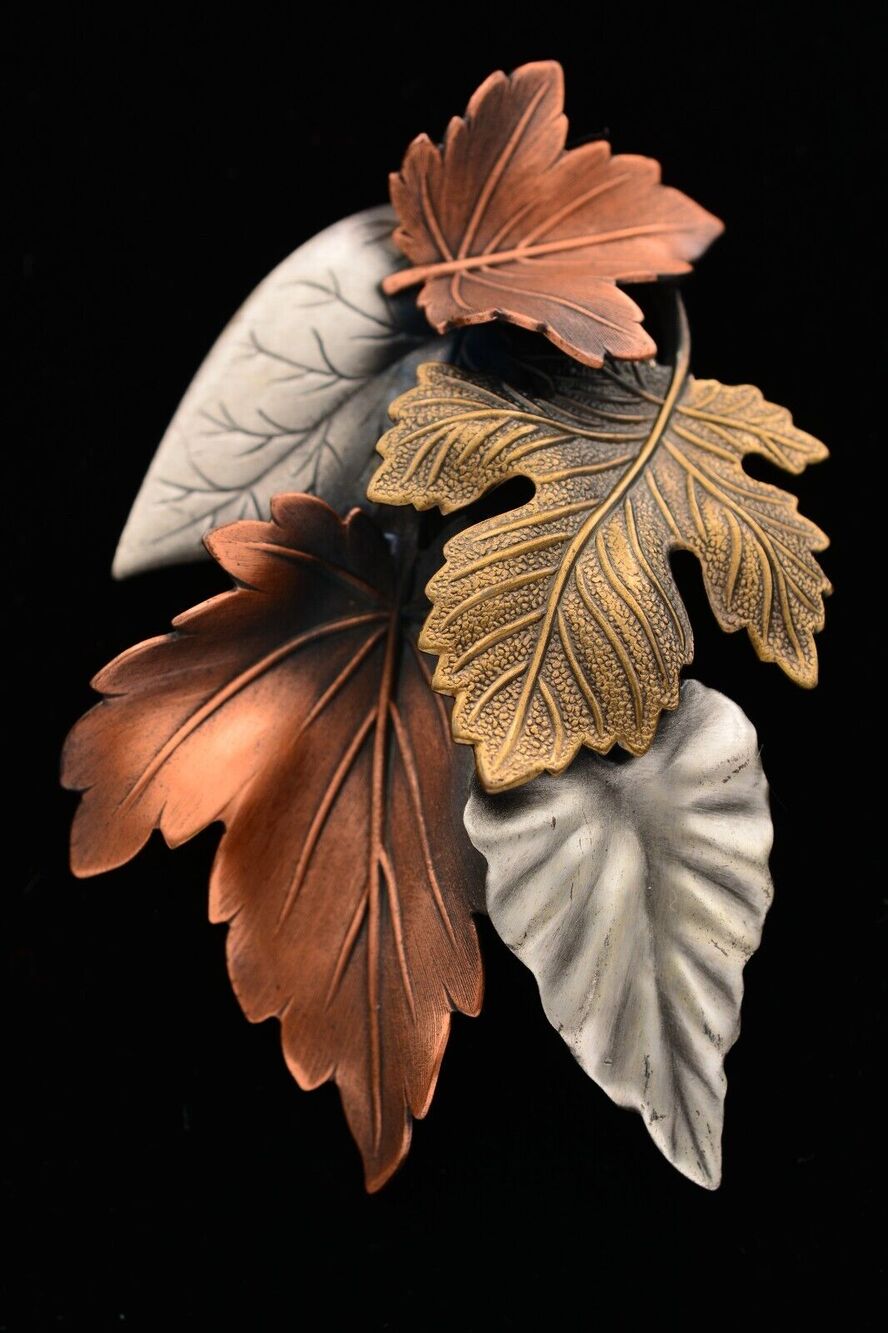 Vintage Leaf Pin Brooch Mixed Metal 3D Chunky Silver Copper Brass Leaves BinF